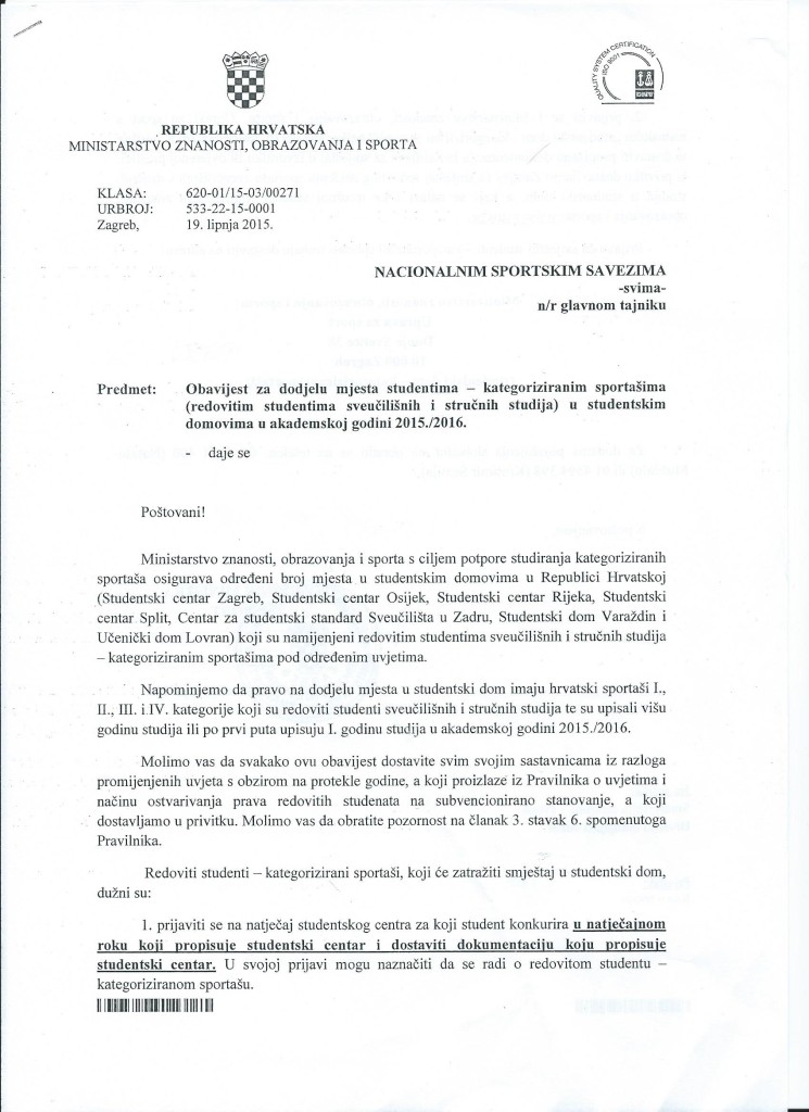 Dopis MZOS - studentski dom